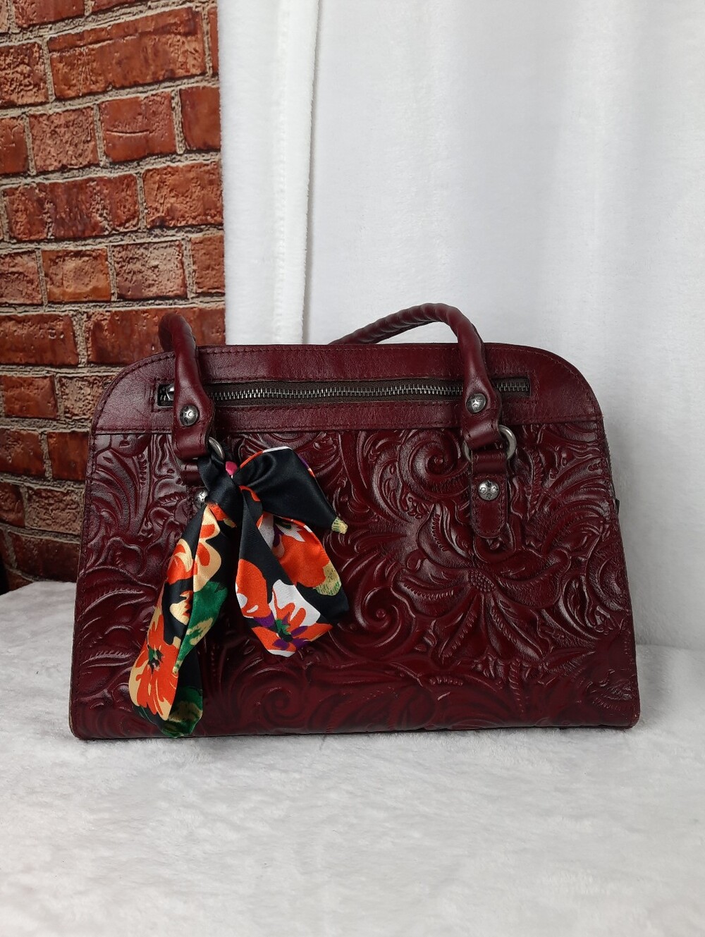 Patricia Nash Oxblood Tooled Leather Shoulder Bag